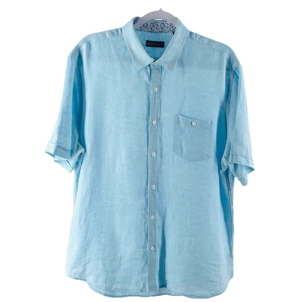 Mens Neiman Marcus Linen Shirt XL  Blue Short Sleeve Button Up Coastal Beachy
